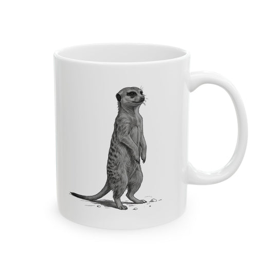 "Pencil Sketch Art Meerkat" White Ceramic Mug