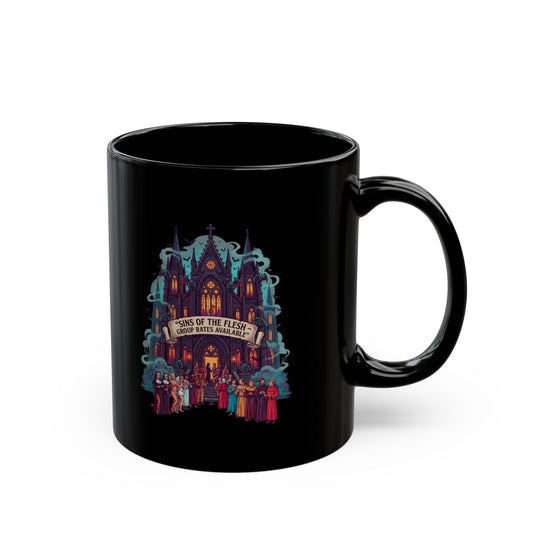 "Sins of The Flesh Group Rates" Black Ceramic Mug