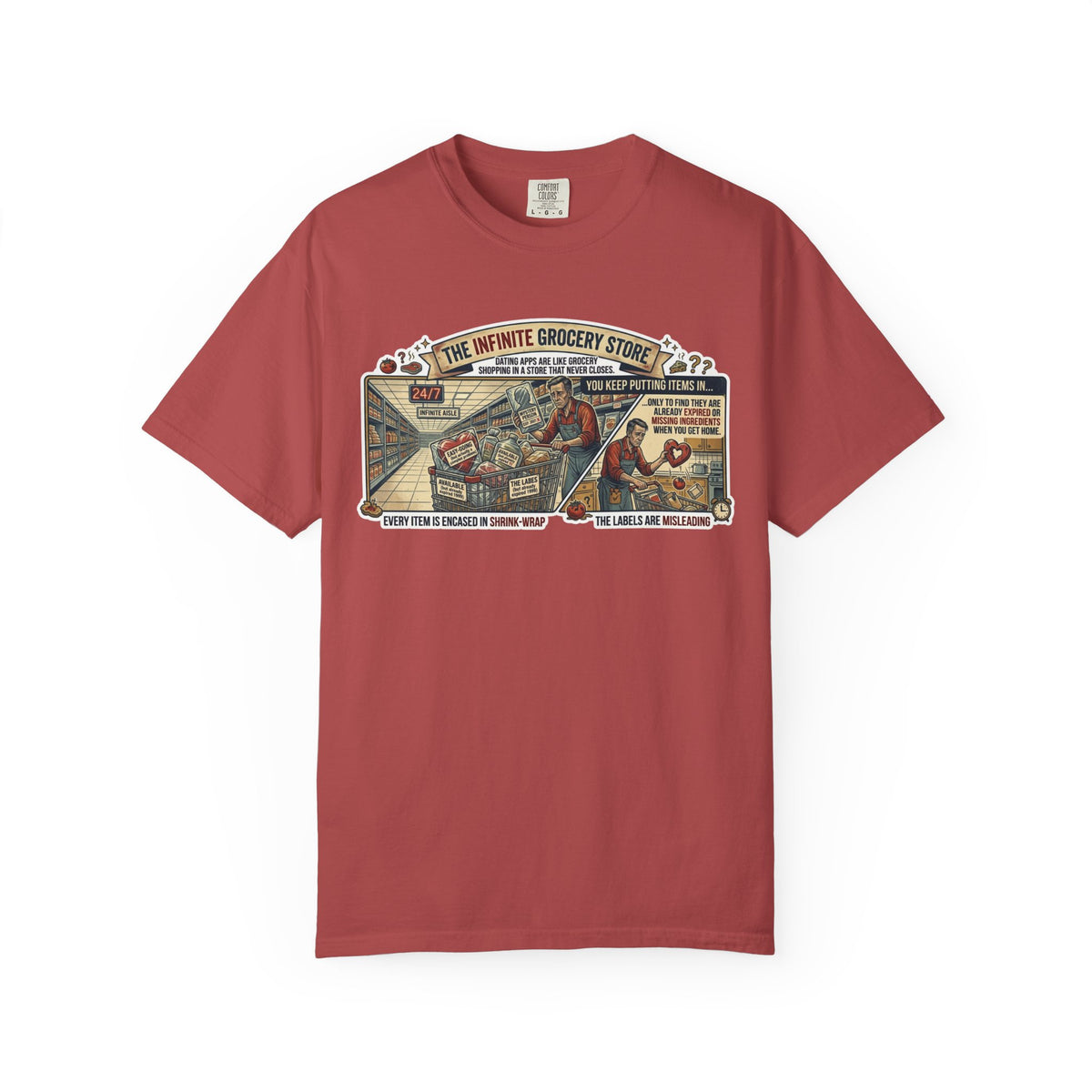 Color: Crimson | Infinite Grocery Store Unisex Garment-Dyed Tee