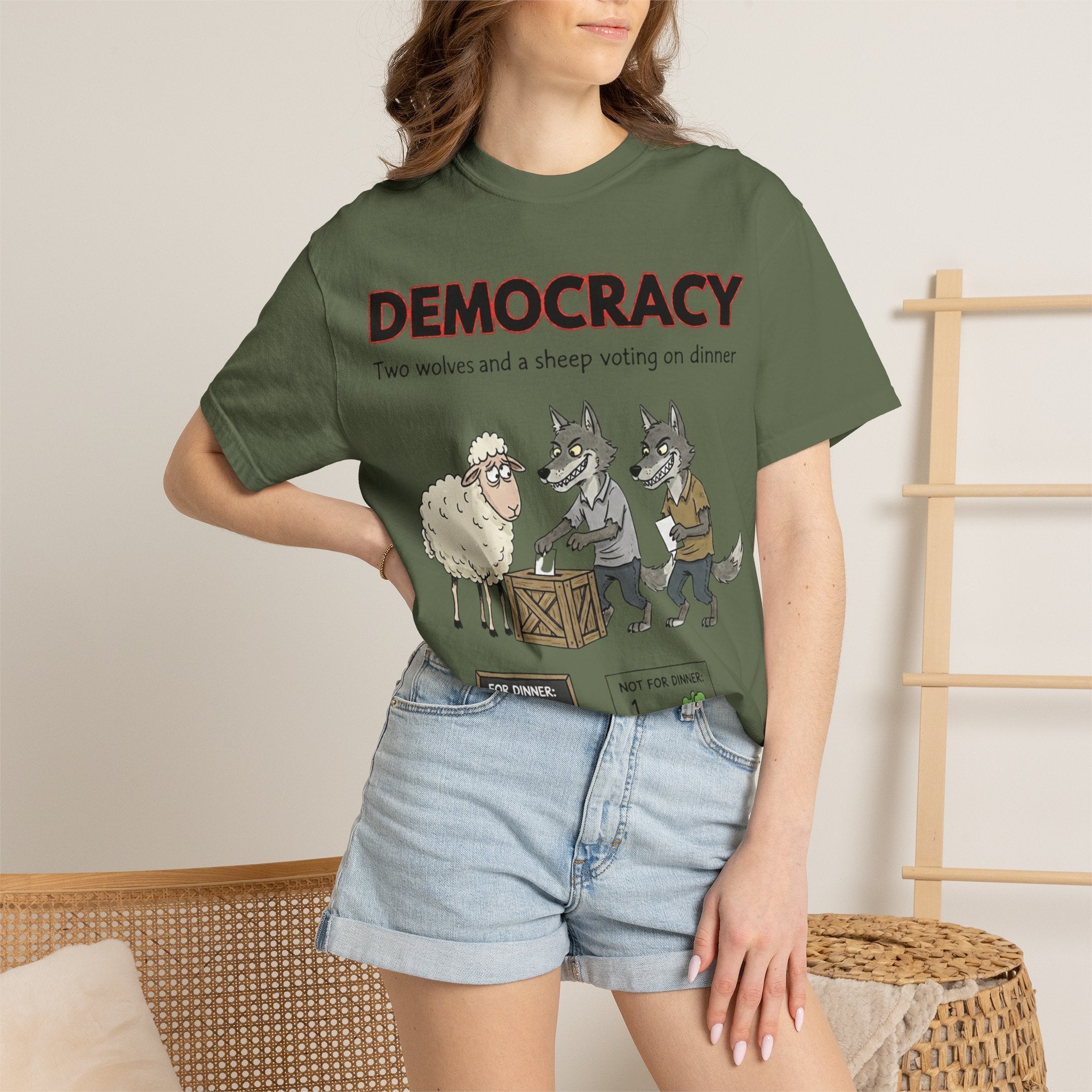 "Democracy (Two Wolves and a Sheep" Unisex Garment-Dyed T-shirt