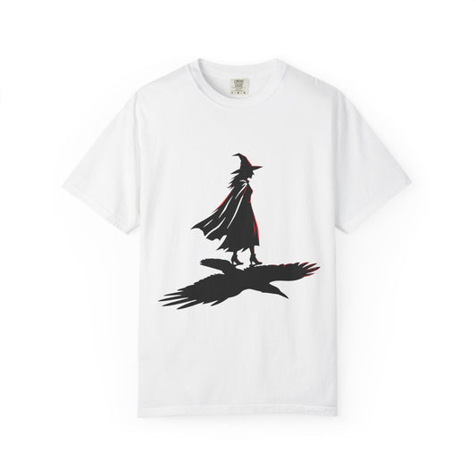 Color: White | Witch With Raven Shadow Unisex Garment-Dyed Tee