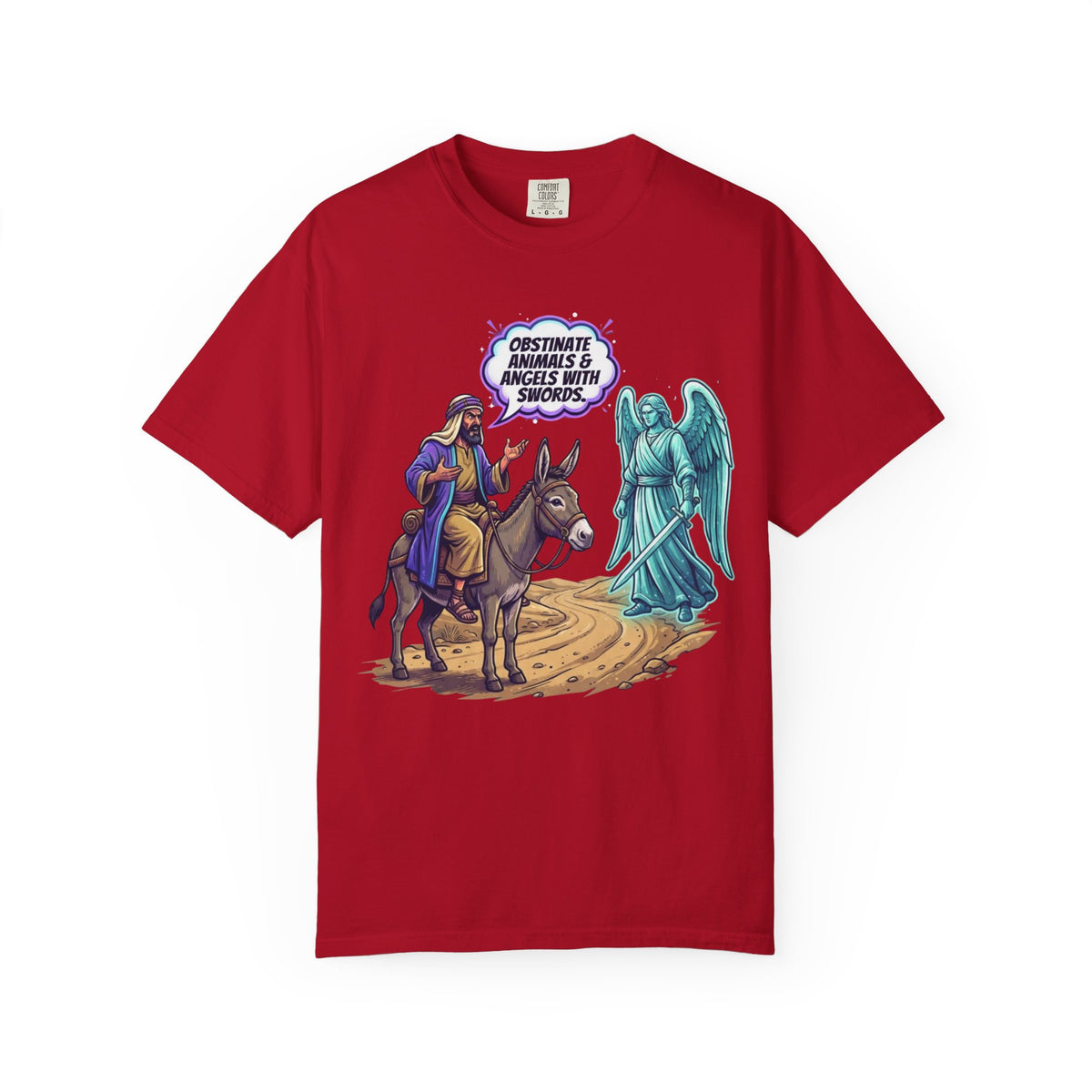 Color: Red | Good Book Series Obstinate Animals & Angels With Swords Unisex Garment-Dyed Tee
