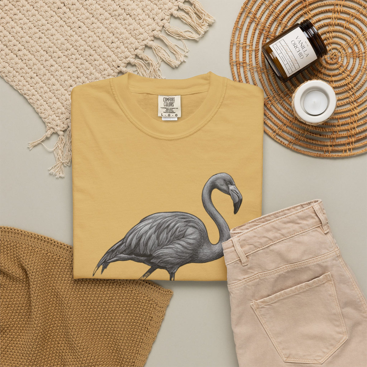 "Pencil Sketch Art Flamingo" Unisex Garment-Dyed Tee
