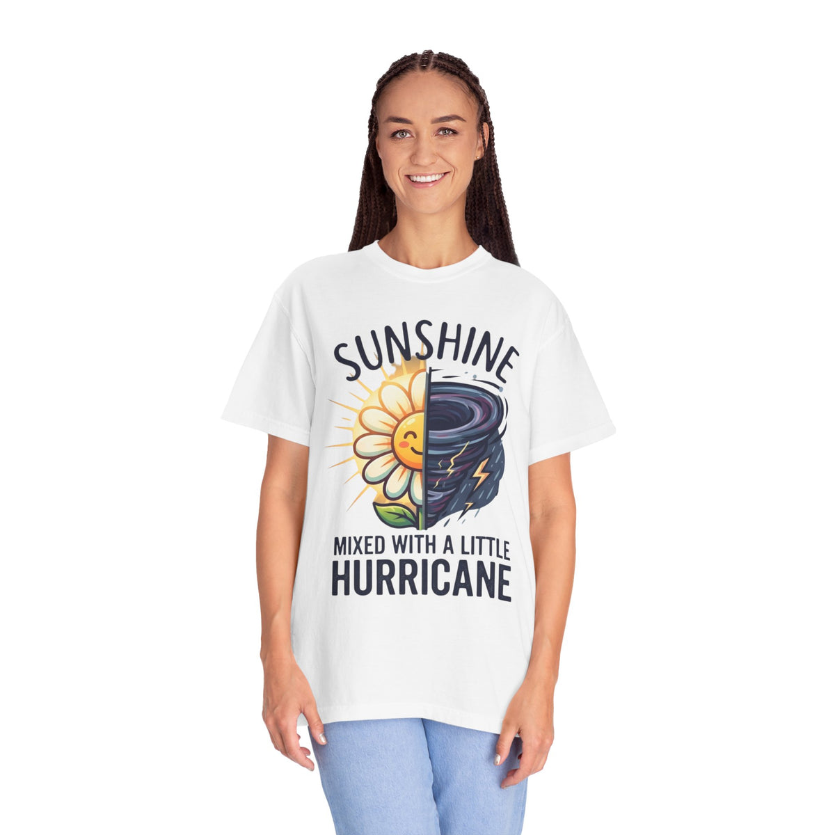 Color: White | Sunshine Mixed With A Little Hurricane Unisex Garment-Dyed Tee