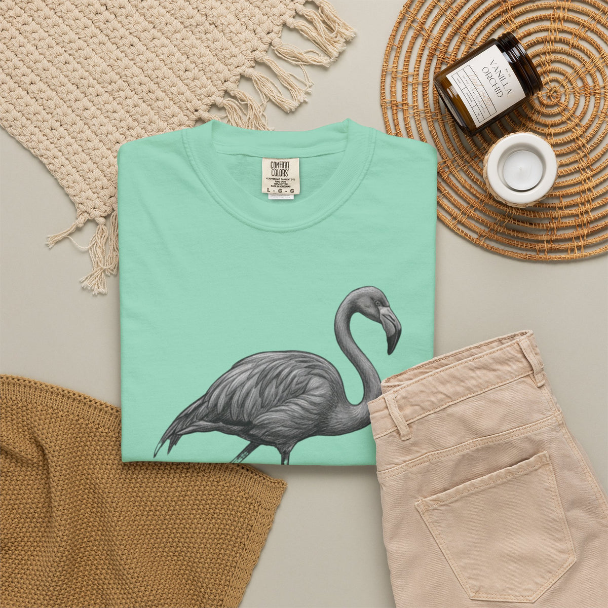 "Pencil Sketch Art Flamingo" Unisex Garment-Dyed Tee