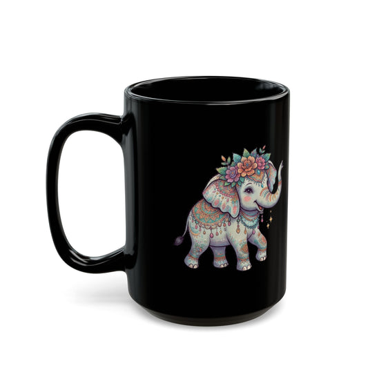 "Hippy Elephant" Black Ceramic Mug