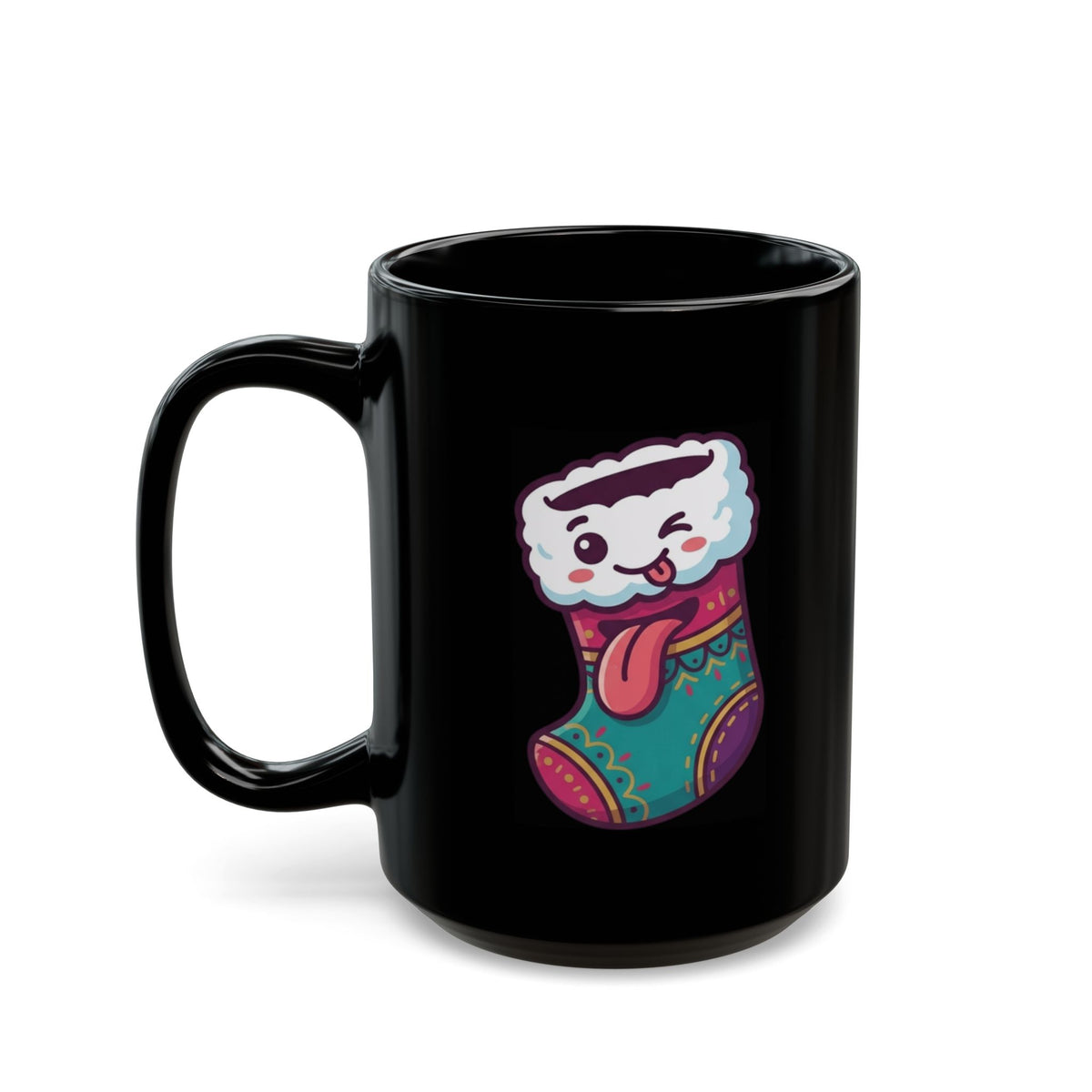 "My Stocking Is Hungry" Black Ceramic Mug — Graphic