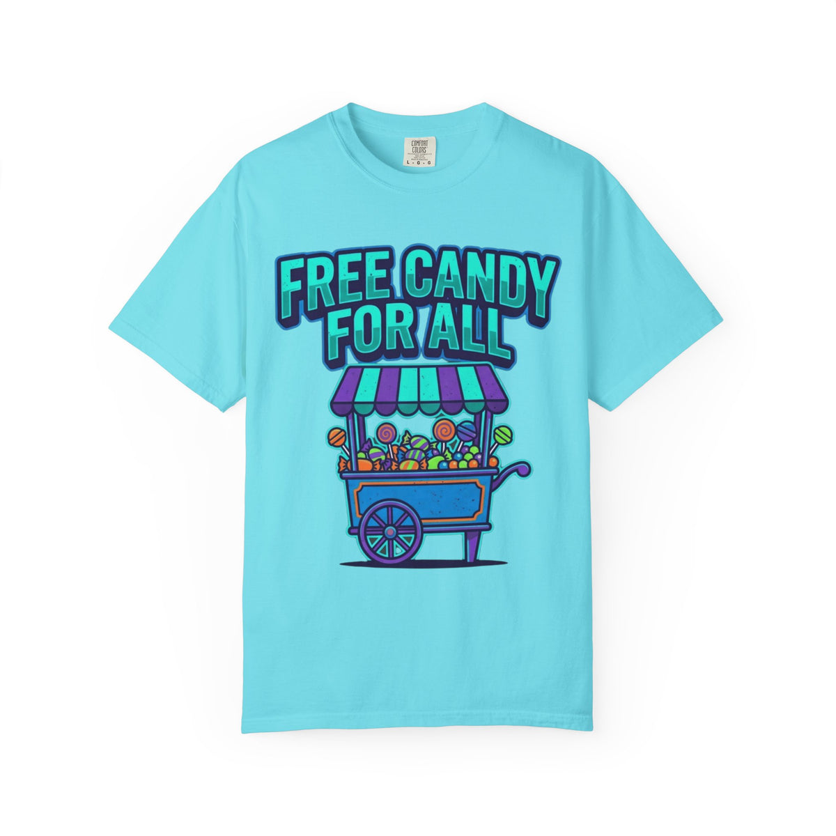 Color: Lagoon Blue | Free Candy For All Unisex Garment-Dyed Tee