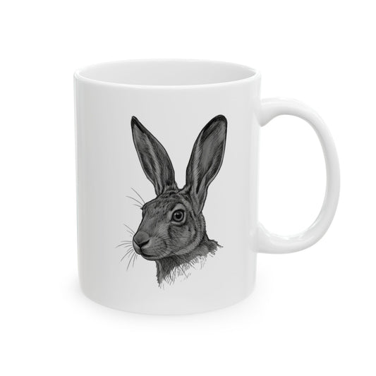 "Pencil Sketch Art Jack Rabbit" White Ceramic Mug — Graphic