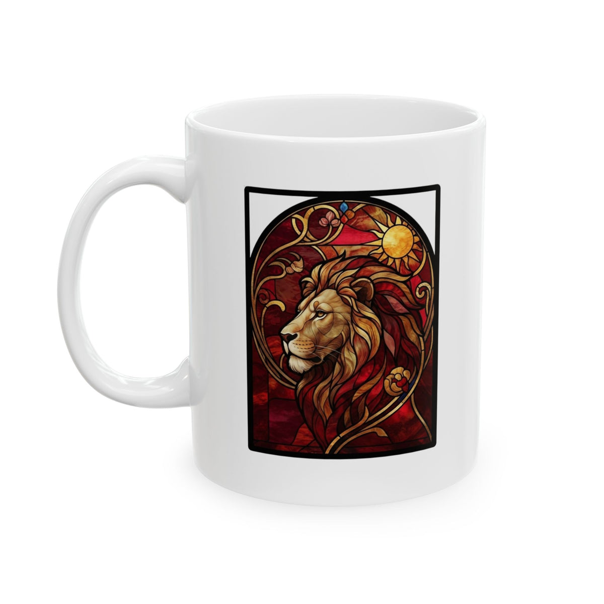"Stained Glass Sign LEO" White Ceramic Mug — Graphic