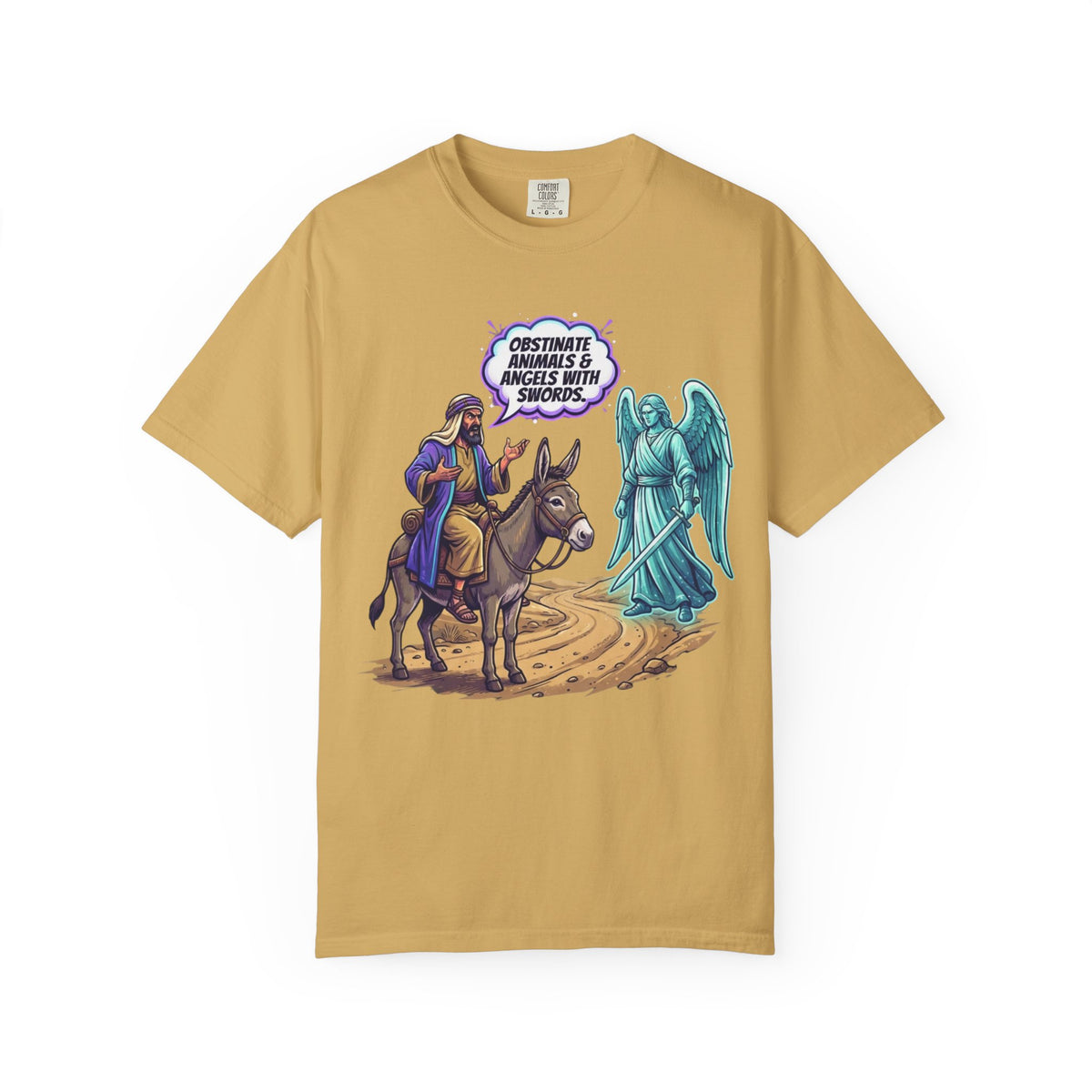 Color: Mustard | Good Book Series Obstinate Animals & Angels With Swords Unisex Garment-Dyed Tee