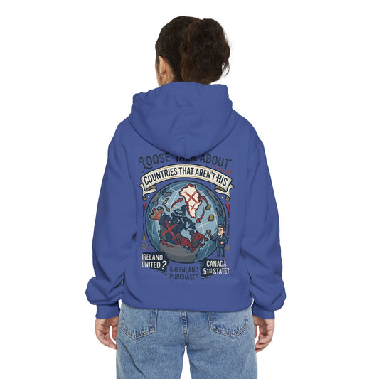 Color: Flo Blue | Loose Talk About Countries That Aren't His Garment-Dyed Hoodie