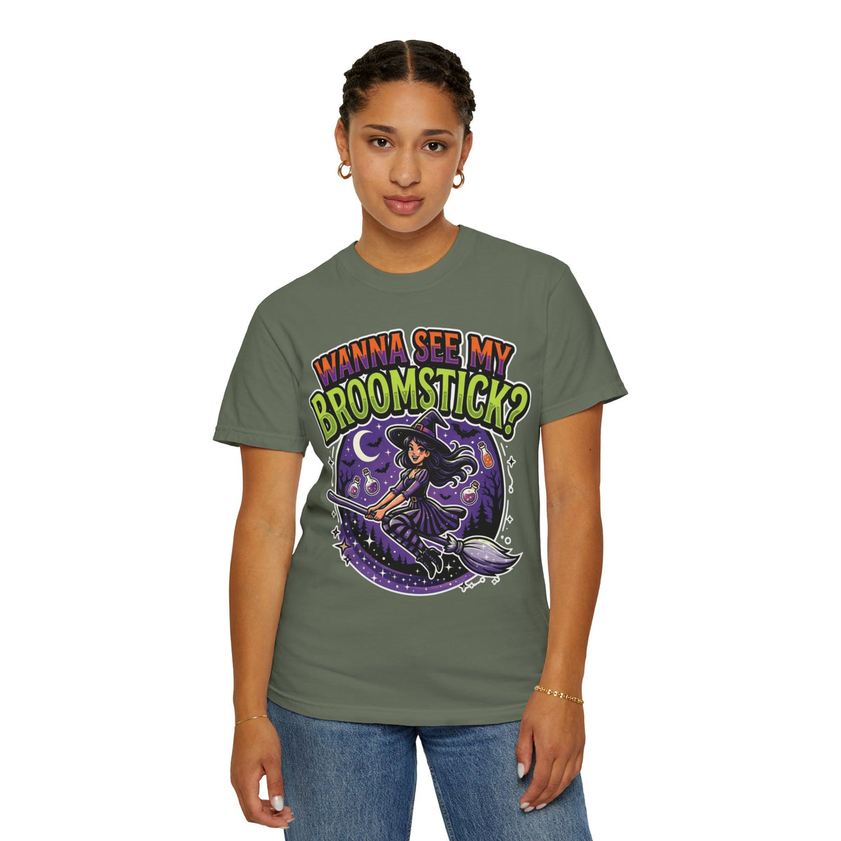 Color: Moss | Wanna See My Broomstick Unisex Garment-Dyed Tee