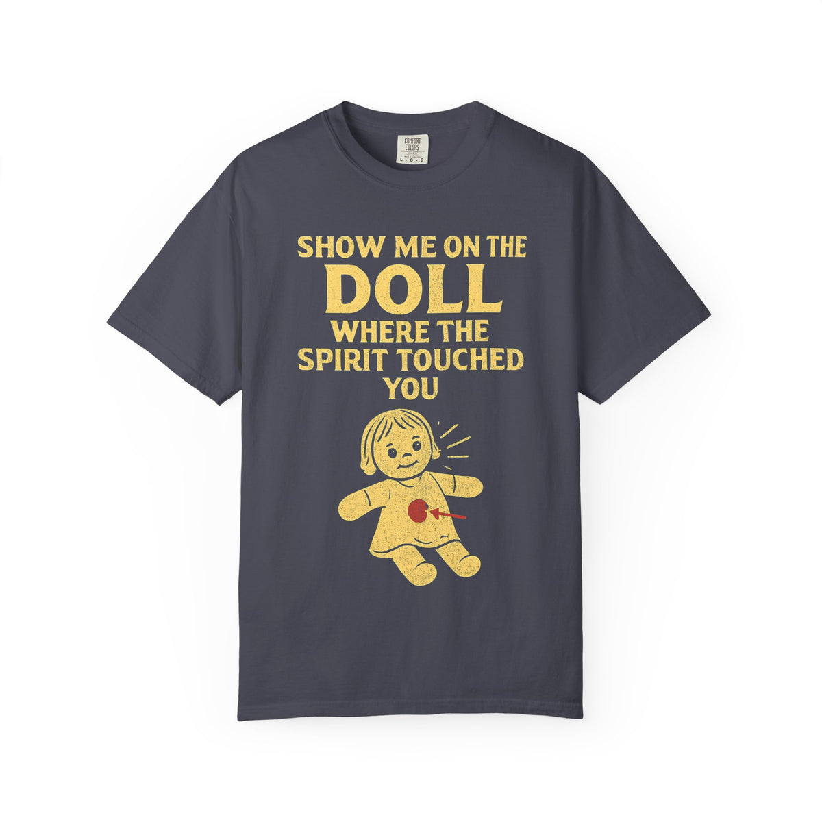 Color: Navy | Show Me On The Doll Unisex Garment-Dyed T-shirt