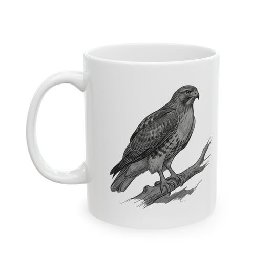 "Pencil Sketch Art Red-Tailed Hawk" White Ceramic Mug
