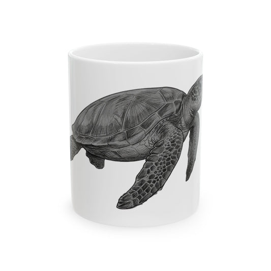 "Pencil Sketch Art Sea Turtle" White Ceramic Mug