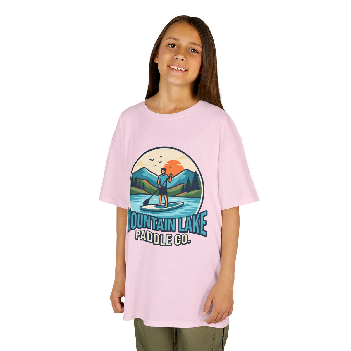 Color: Light Pink | Mountain Lake Paddle Board Kids Tee