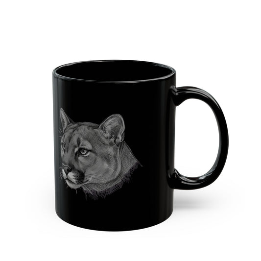 "Pencil Sketch Art Mountain Lion" Black Ceramic Mug — Graphic