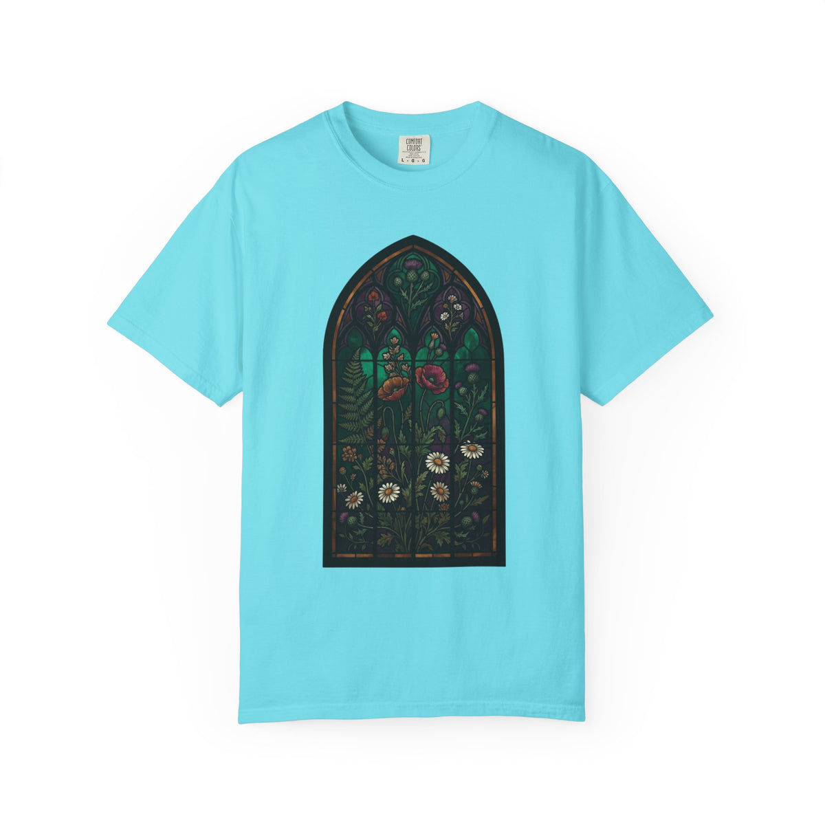 Color: Lagoon Blue | Stained Glass Floral Unisex Garment-Dyed Tee