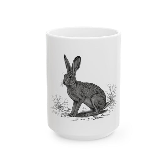 "Pencil Sketch Art Jack Rabbit" White Ceramic Mug