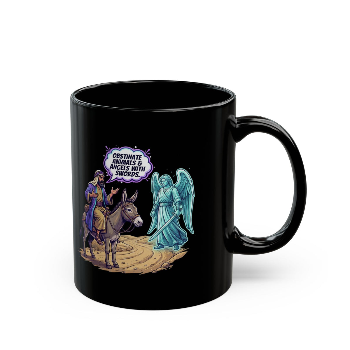 "Good Book Series Obstinate Animals & Angels With Swords" Black Ceramic Mug