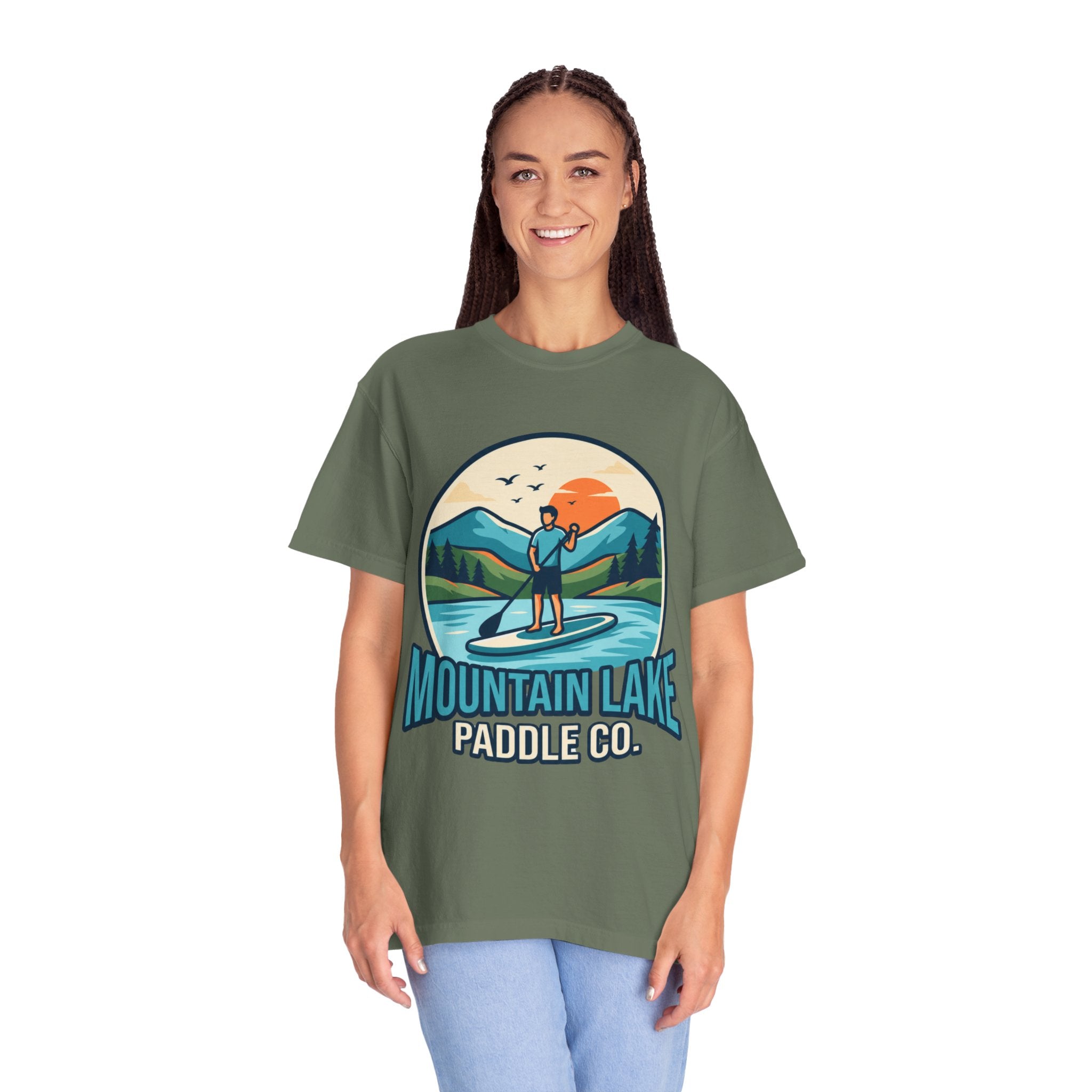 "Mountain Lake Paddle Board" Unisex Garment-Dyed Tee