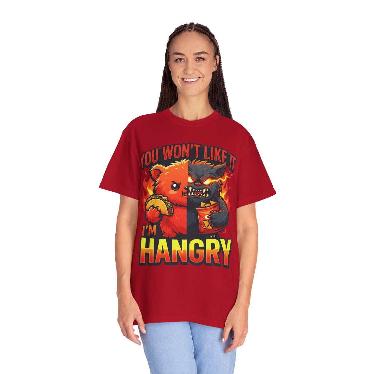 Color: Red | You Won't Like It I'm Hangry Unisex Garment-Dyed Tee