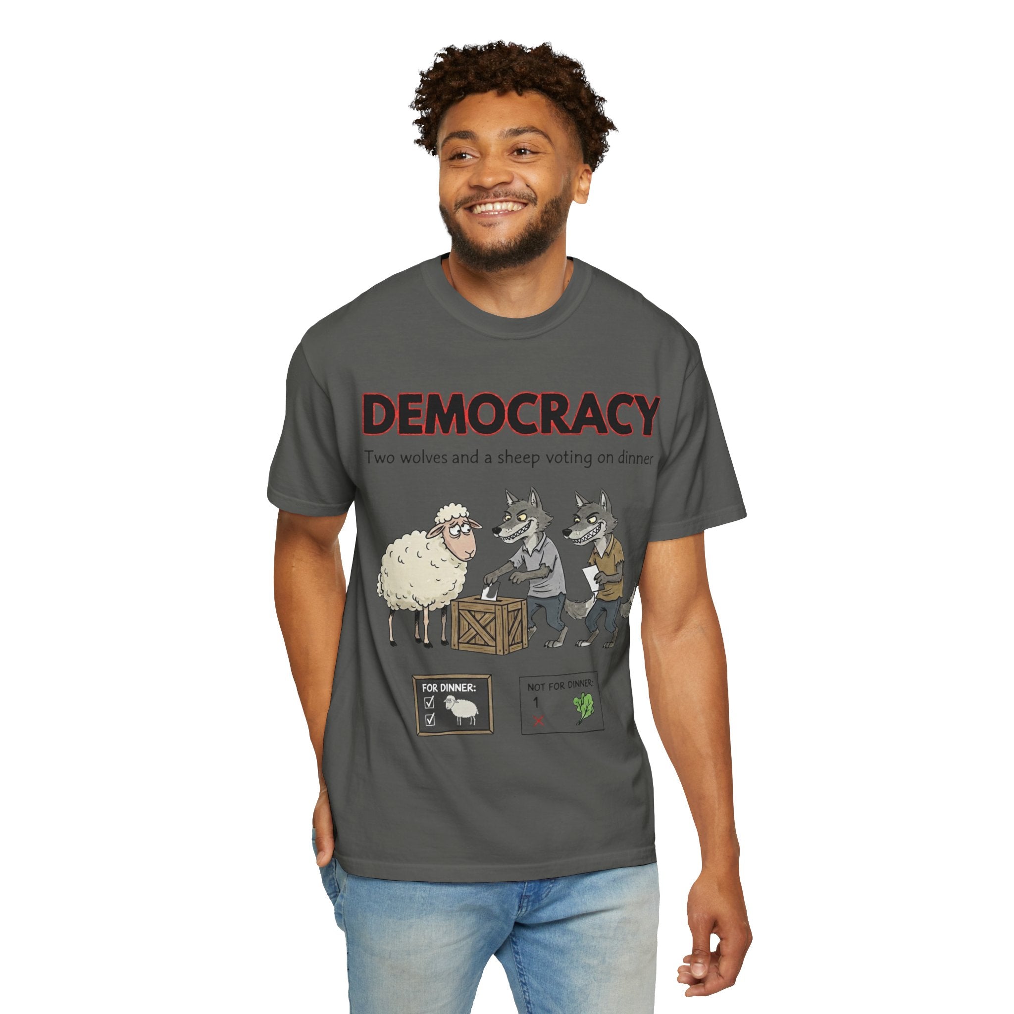 "Democracy (Two Wolves and a Sheep" Unisex Garment-Dyed T-shirt