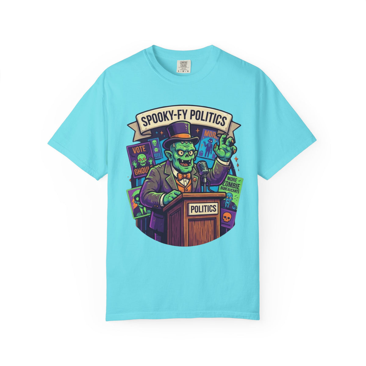 Color: Lagoon Blue | Spooky-Fy Politics Unisex Garment-Dyed Tee