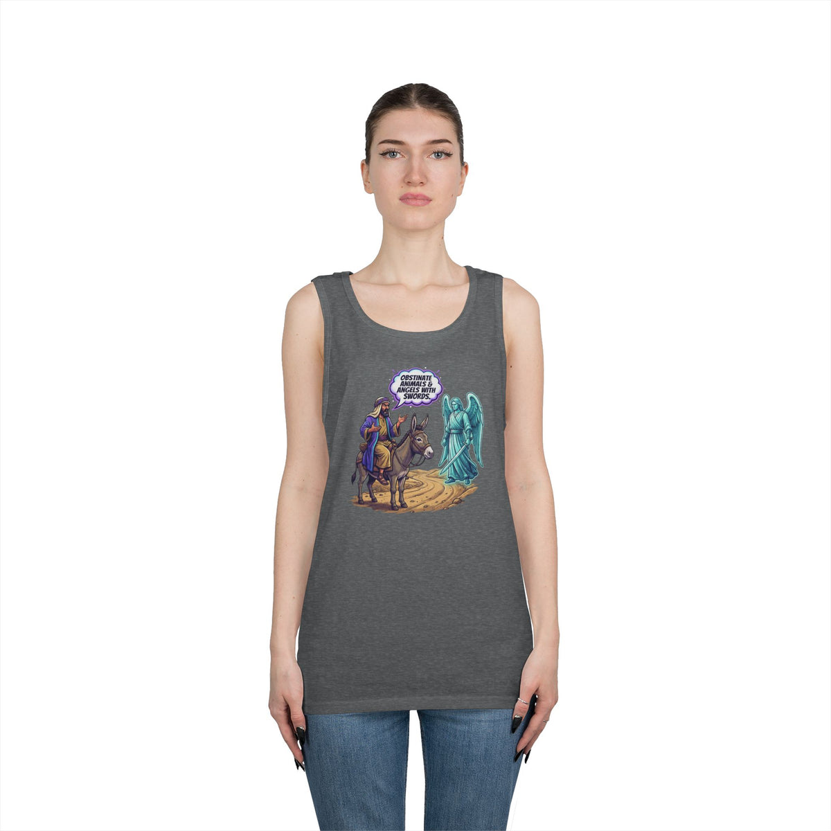 Color: Graphite Heather | Good Book Series Obstinate Animals & Angels With Swords Tank Top