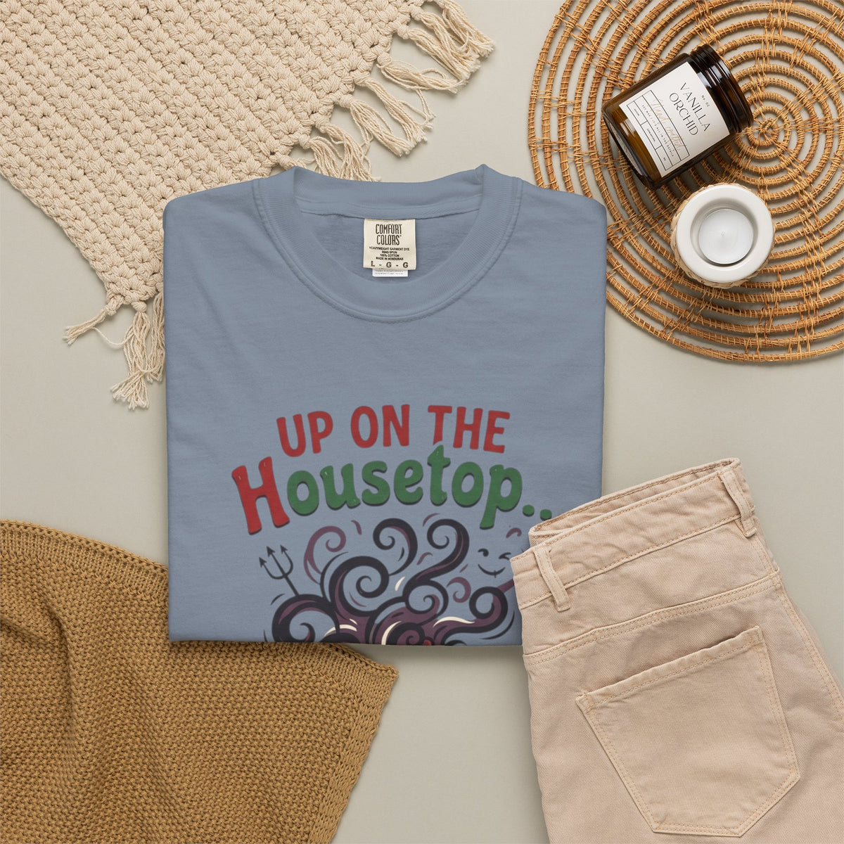 "Up On The Housetop Doing Naughty Stuff" Unisex Garment-Dyed Tee