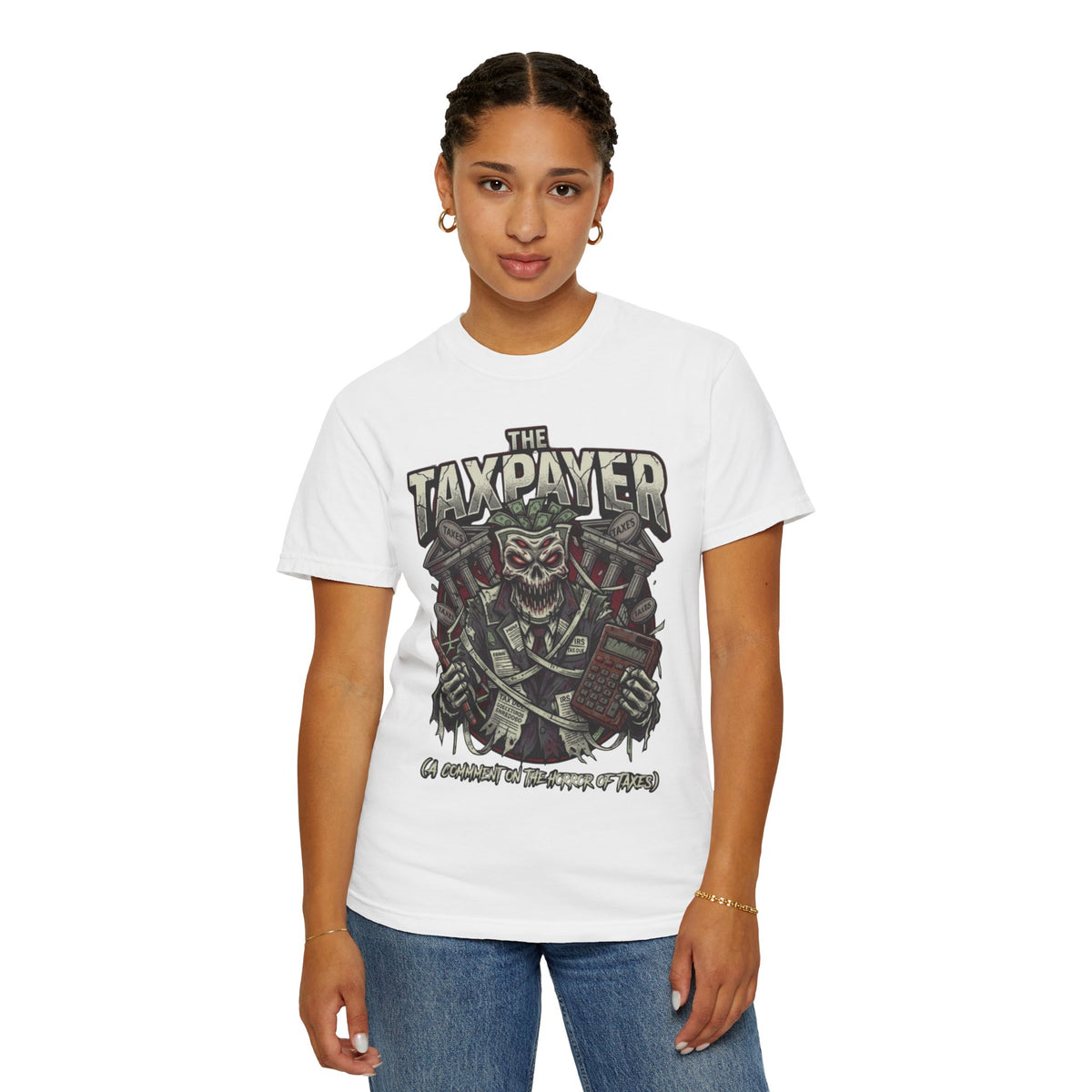 Color: White | Horror of Taxes Unisex Garment-Dyed Tee