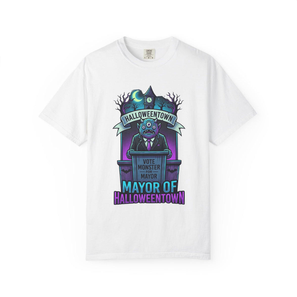 Color: White | Mayor Of Halloweentown Unisex Garment-Dyed Tee