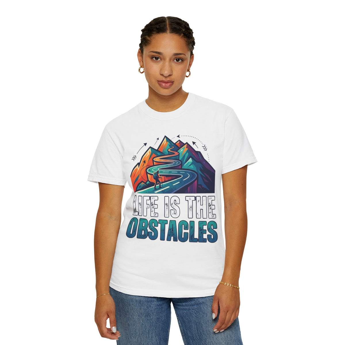 Color: White | Life Is The Obstacles Unisex Garment-Dyed Tee
