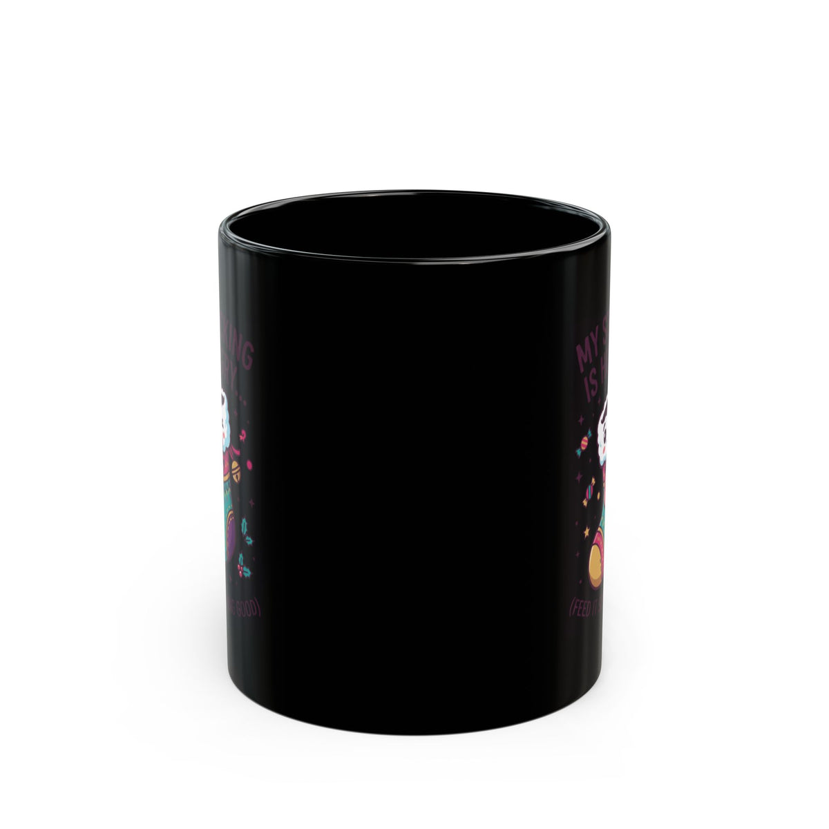 "My Stocking Is Hungry" Black Ceramic Mug