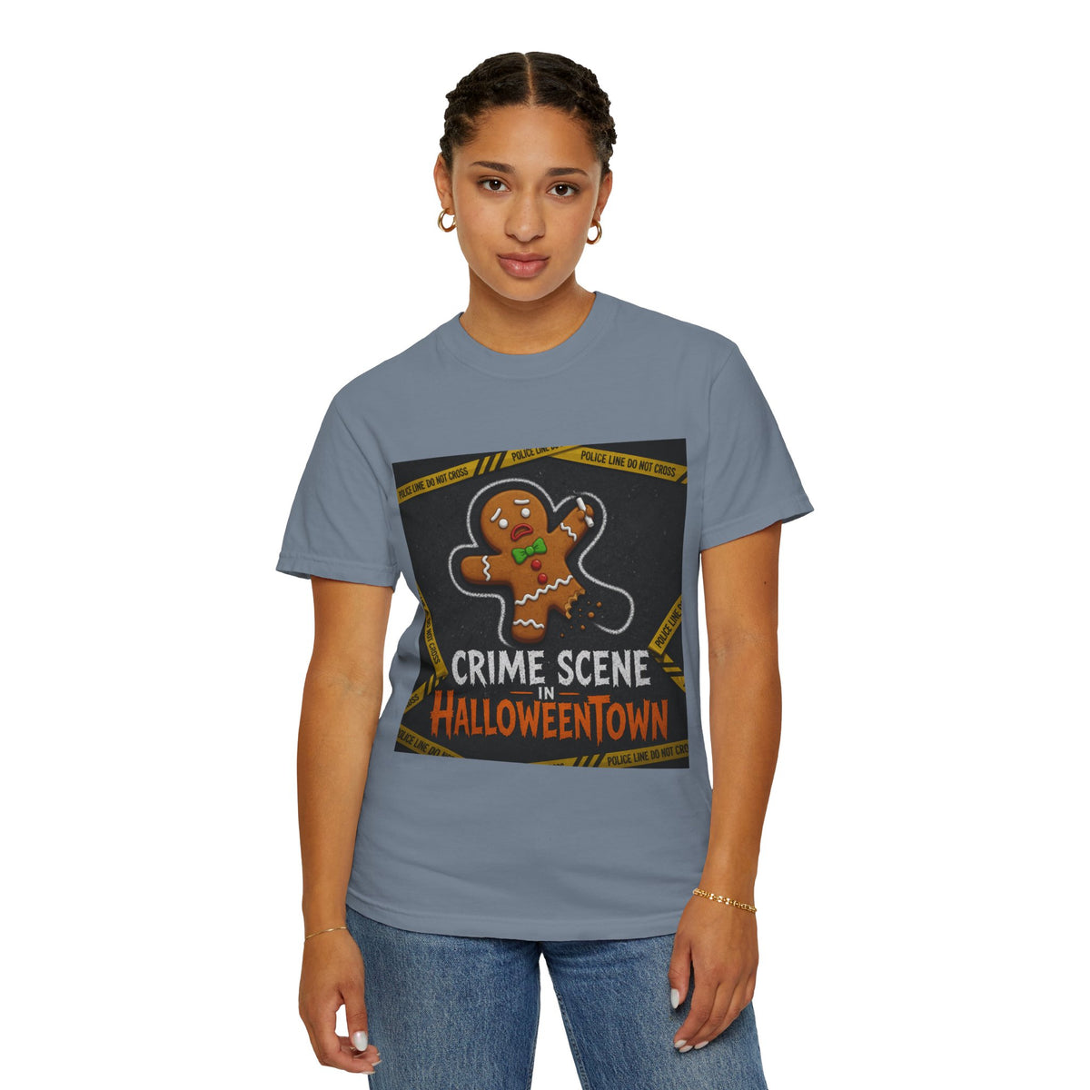 Color: Blue Jean | Crime Scene in Halloweentown Unisex Garment-Dyed Tee
