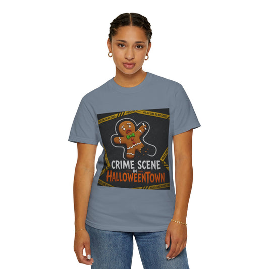 Color: Blue Jean | Crime Scene in Halloweentown Unisex Garment-Dyed Tee