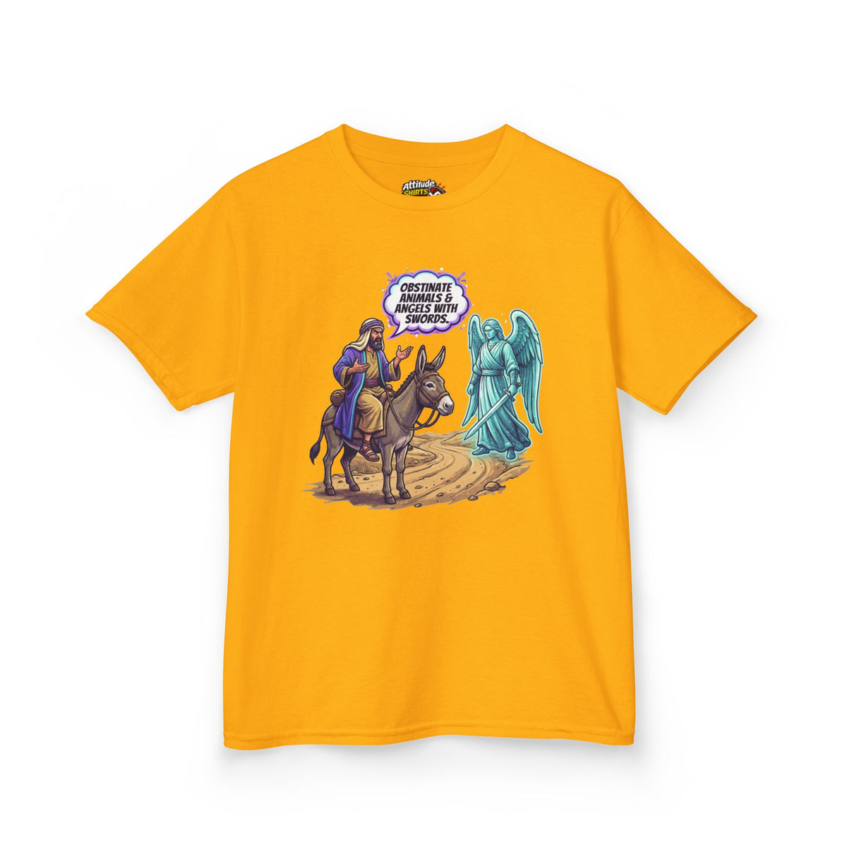 Color: Gold | Good Book Series Obstinate Animals & Angels With Swords Kids Tee