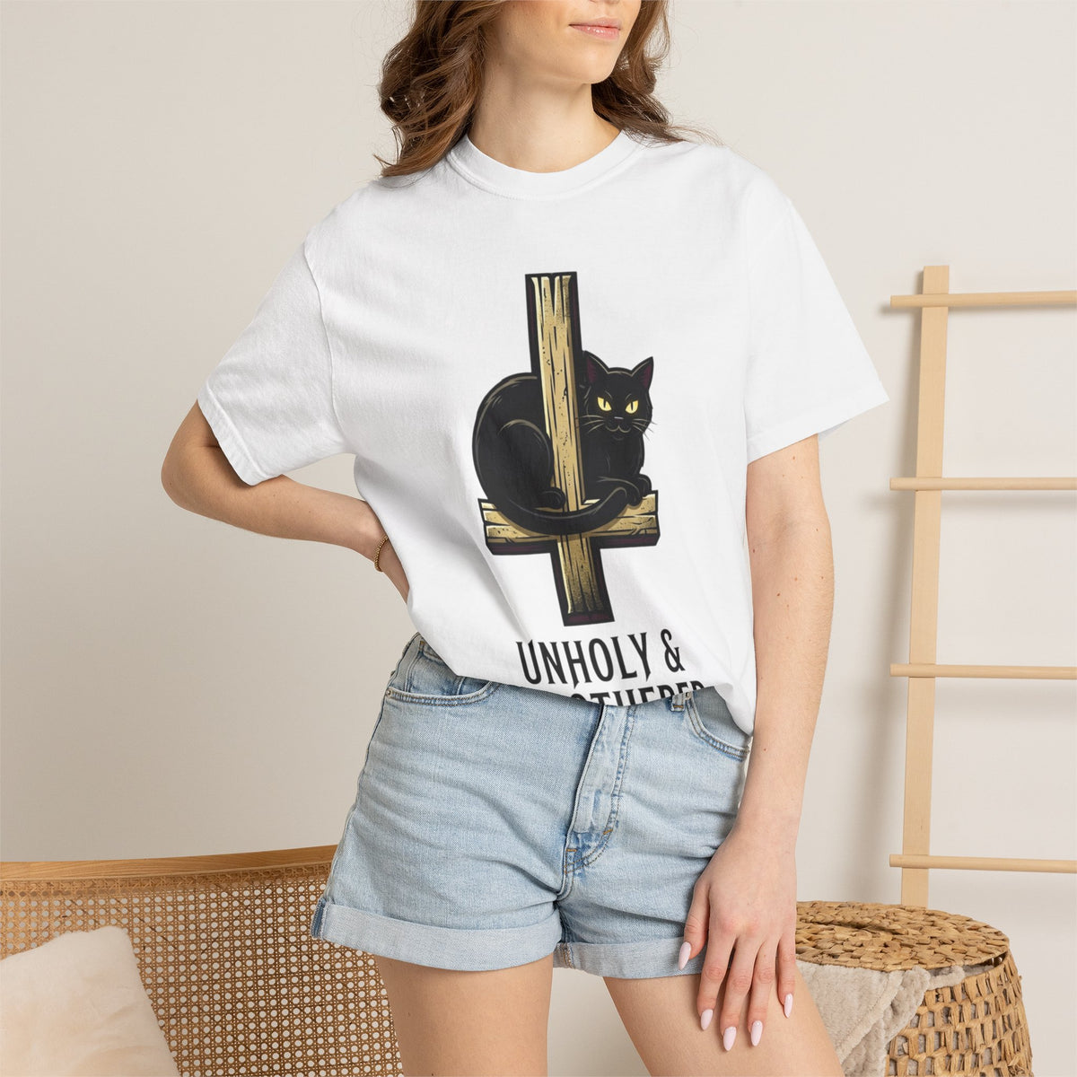 Color: White | Unholy and Unbothered Unisex Garment-Dyed Tee