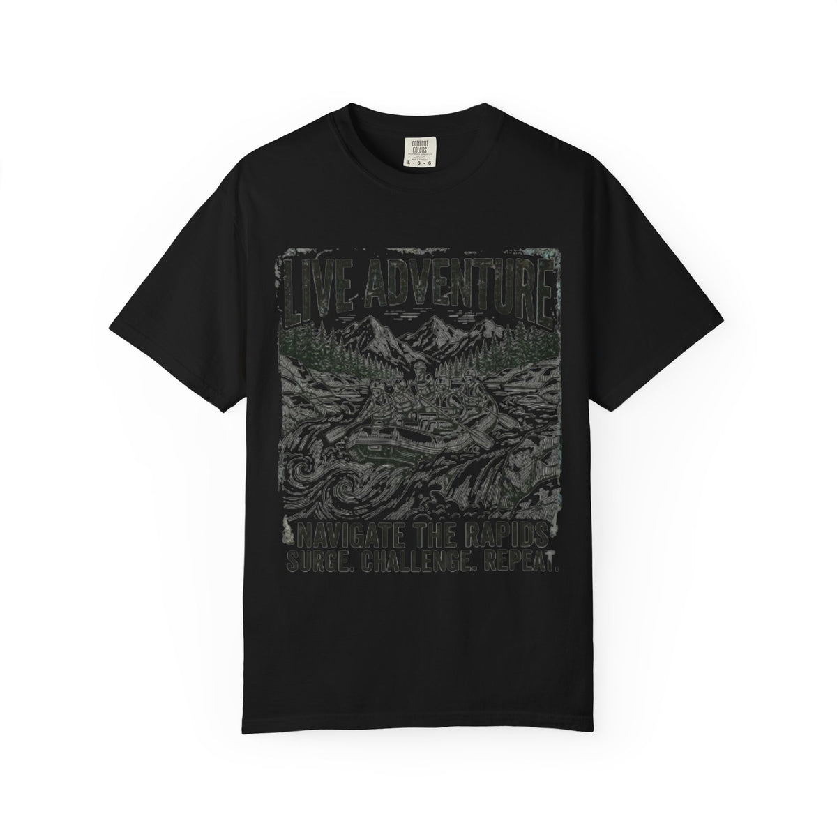 Color: Black | Live Adventure - Rafting Unisex Garment-Dyed Tee