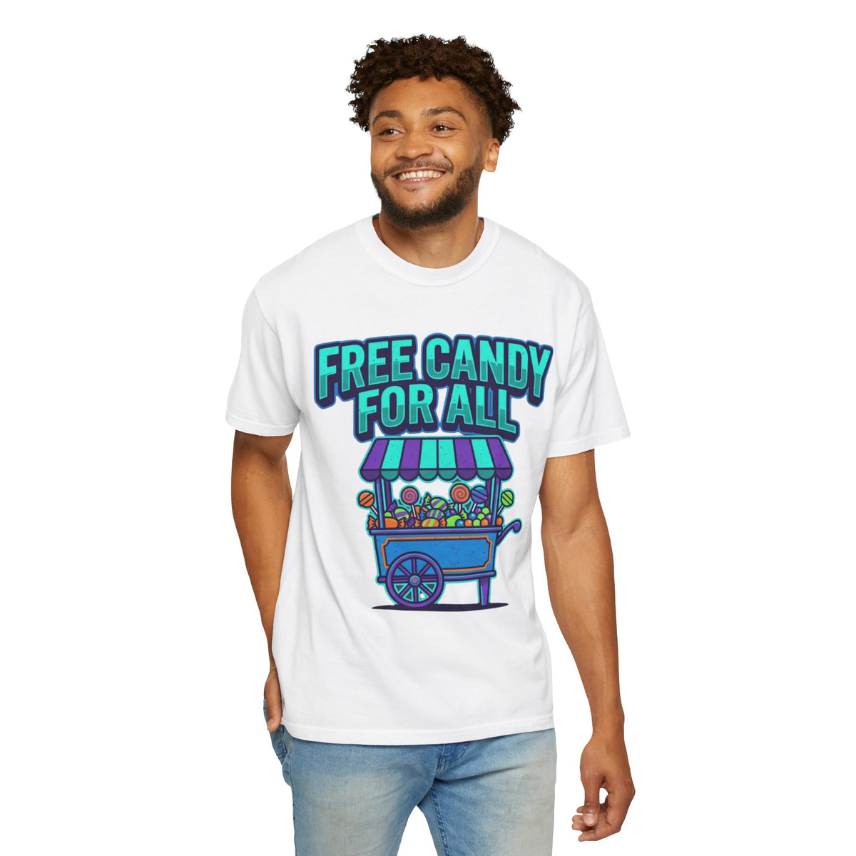 Color: White | Free Candy For All Unisex Garment-Dyed Tee