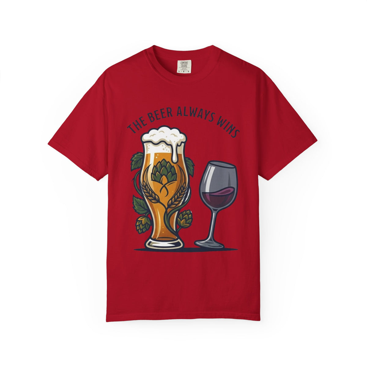 Color: Red | The Beer Always Wins Unisex Garment-Dyed Tee