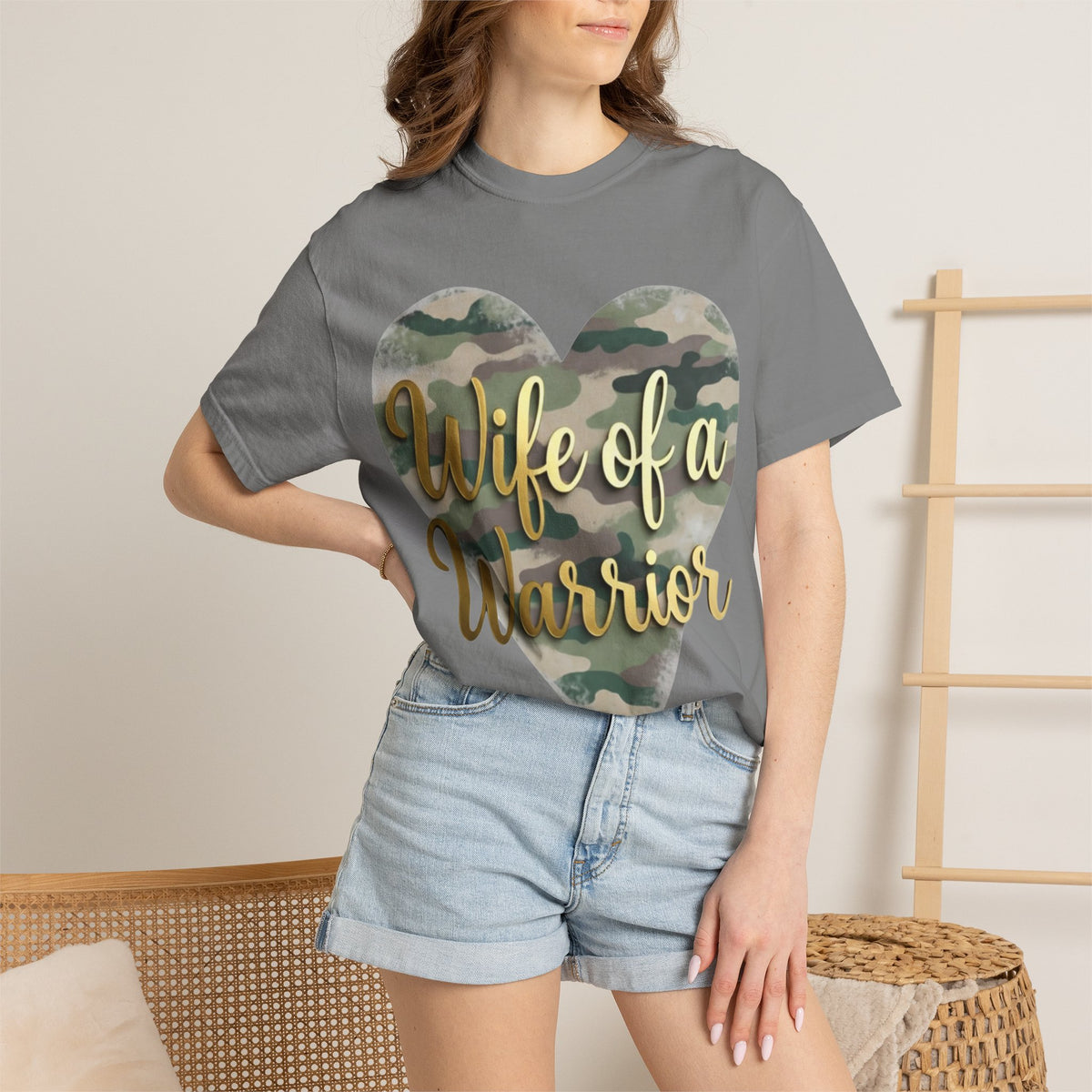Color: Grey | Wife of a Warrior Unisex Garment-Dyed T-shirt