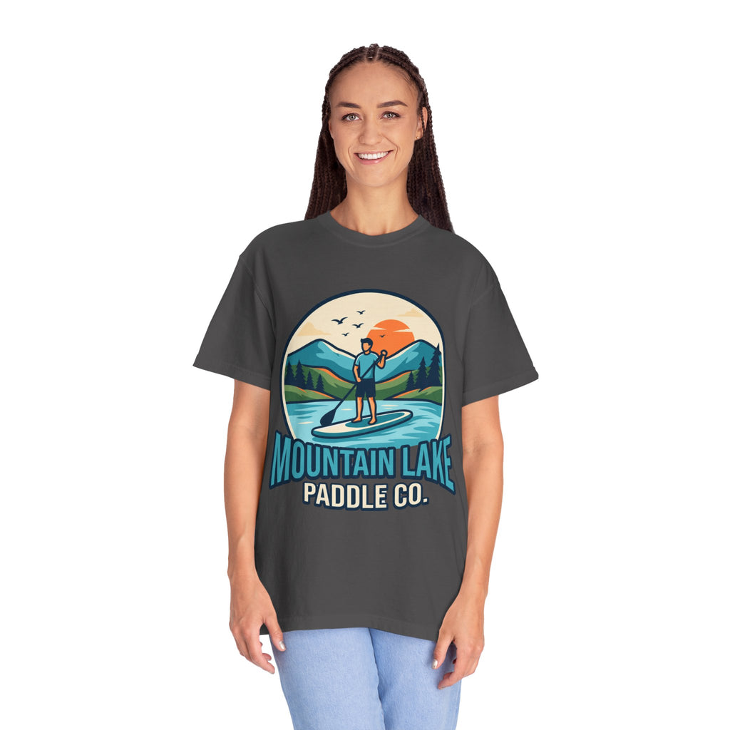 "Mountain Lake Paddle Board" Unisex Garment-Dyed Tee