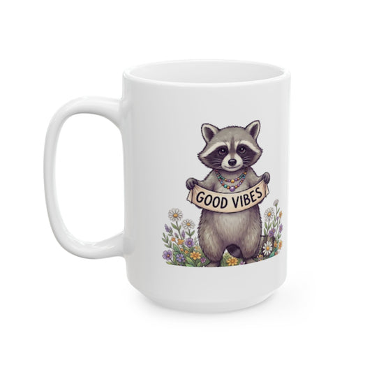 "Hippy Raccoon" White Ceramic Mug