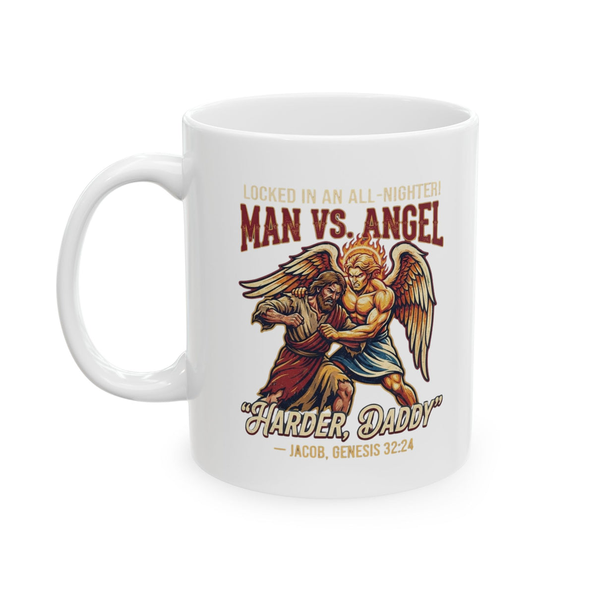 "Good Book Series Man vs Angel" White Ceramic Mug