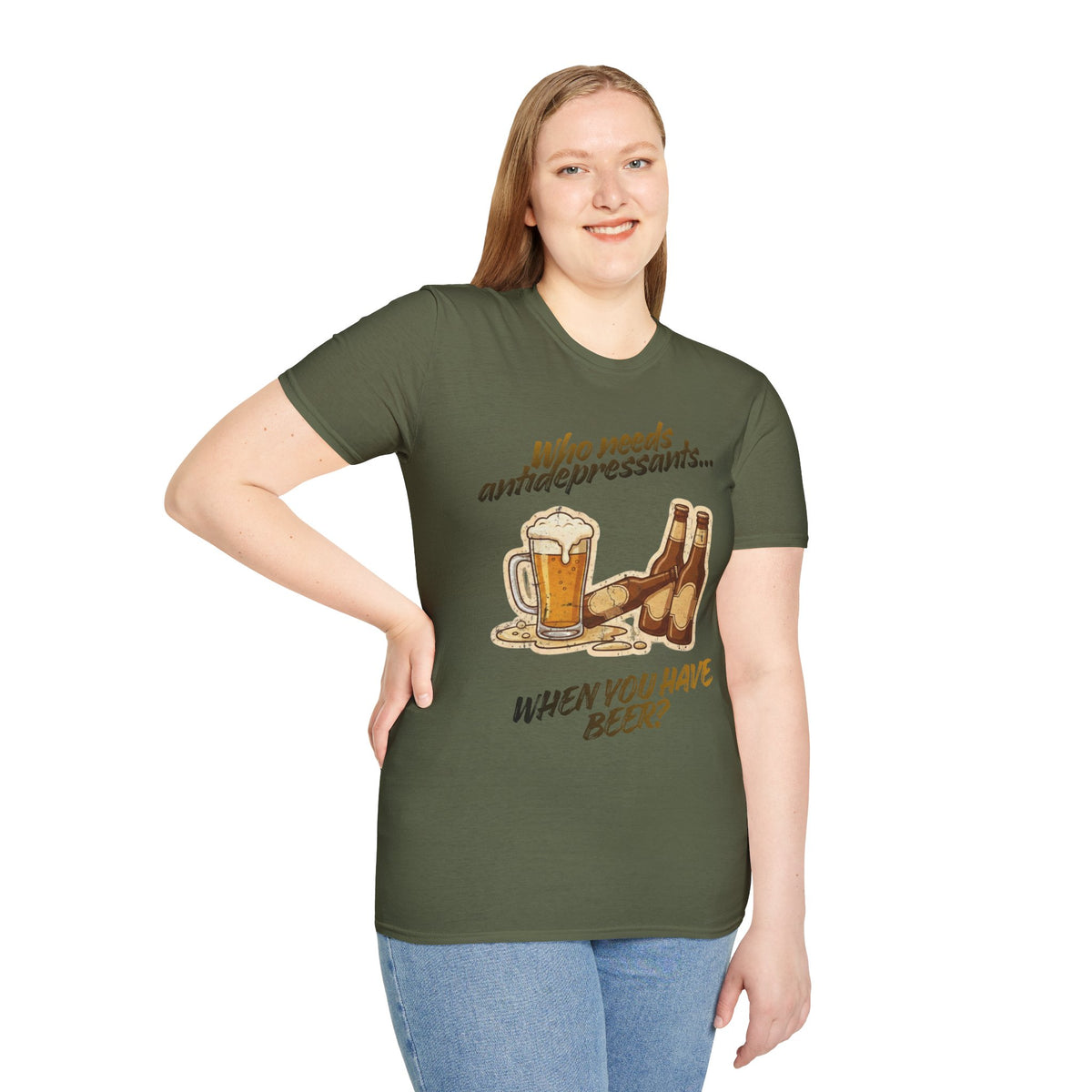 Color: Military Green | Beer Graphic T-Shirt — Who Needs Antidepressants When You Have Beer? Retro Pint Design