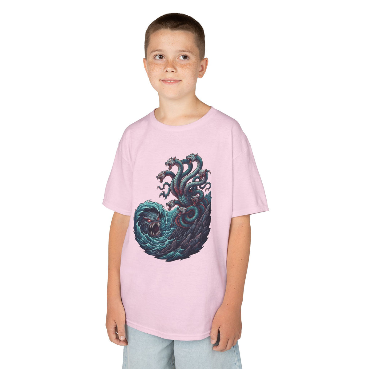 Color: Light Pink | Charybdis and Scylla (Greek Mythology) Kids Tee