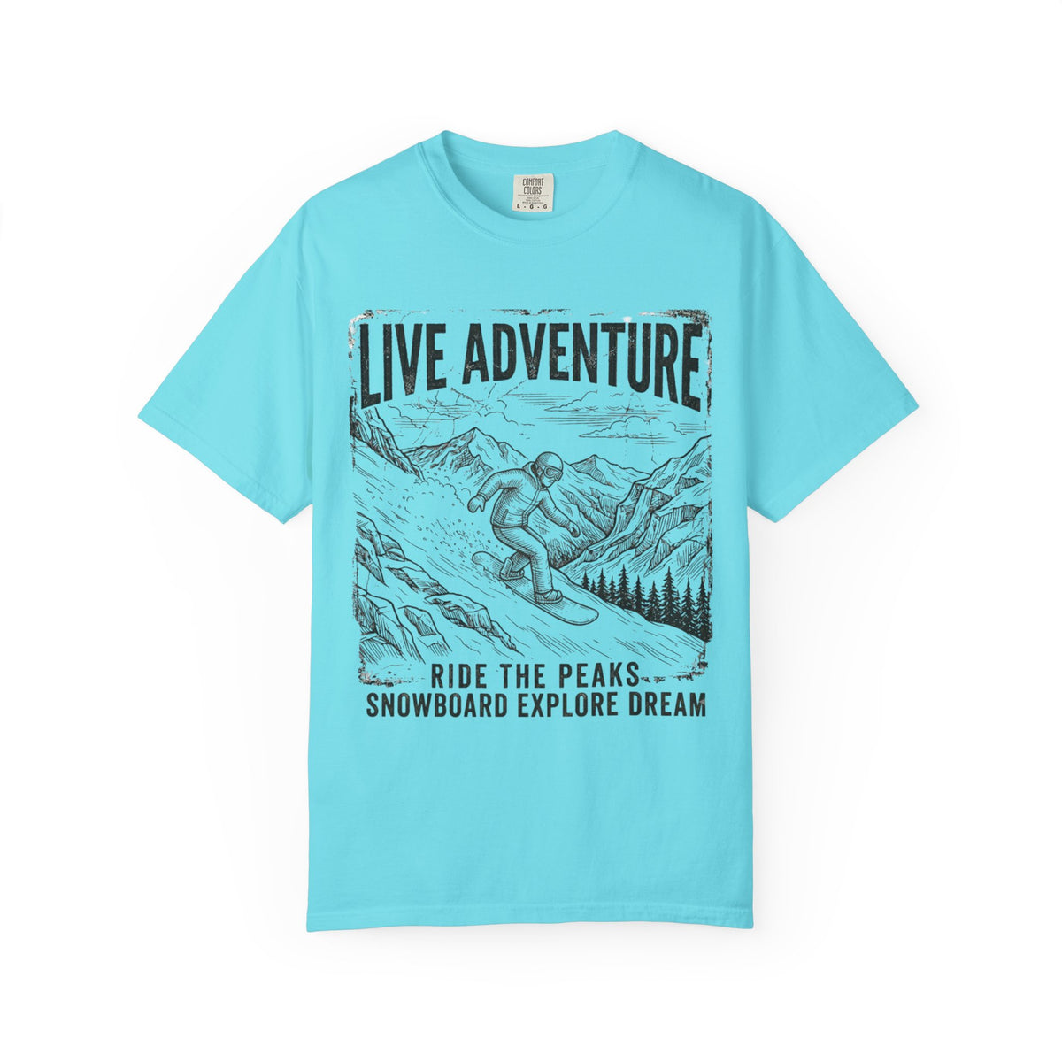 Color: Lagoon Blue | Live Adventure - Snowboard Unisex Garment-Dyed Tee