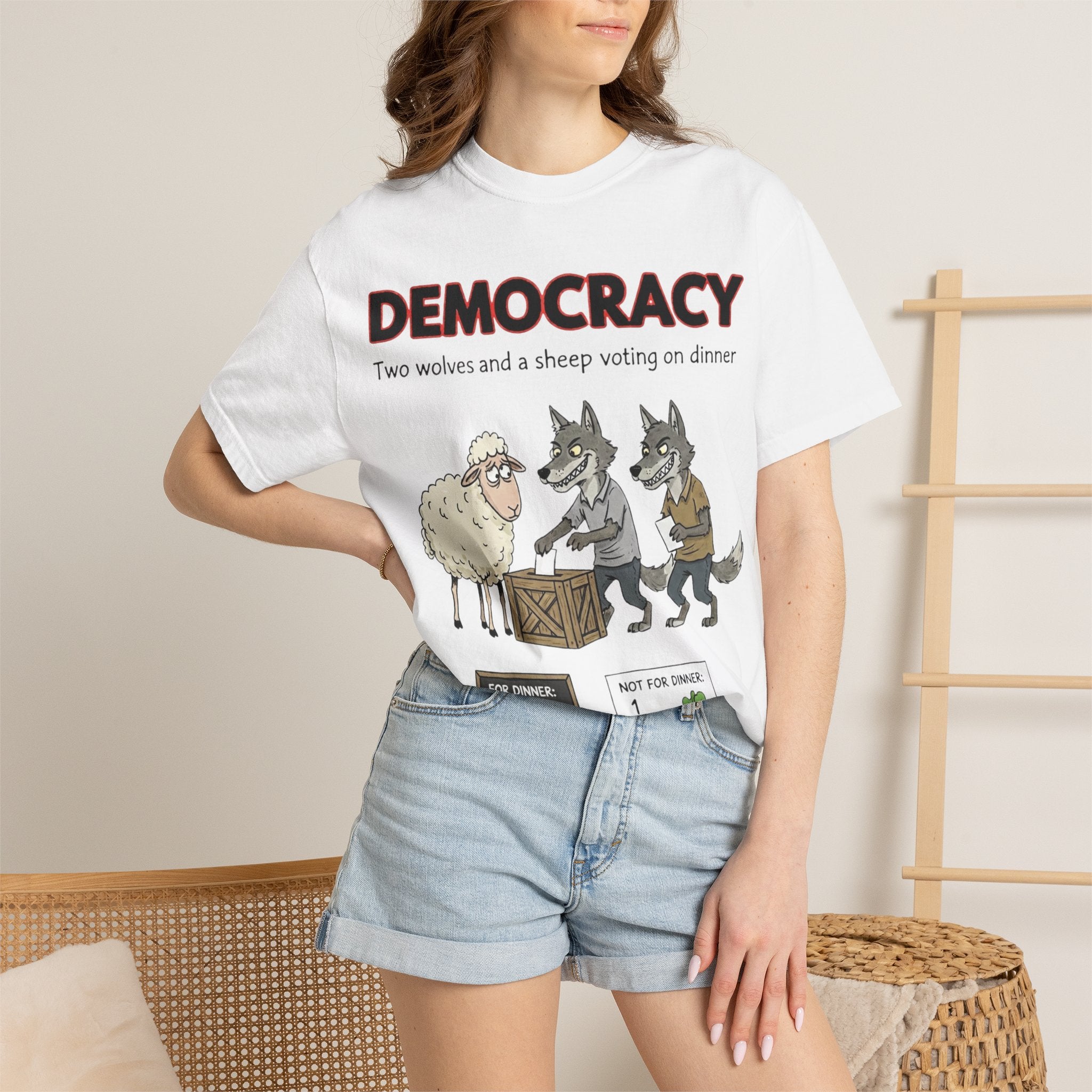 "Democracy (Two Wolves and a Sheep" Unisex Garment-Dyed T-shirt